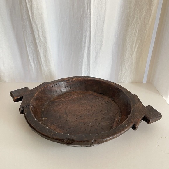 Vtg Wood Dough Bowl Rustic Hand Carved Primitive Wooden Handled Trough Knead 17